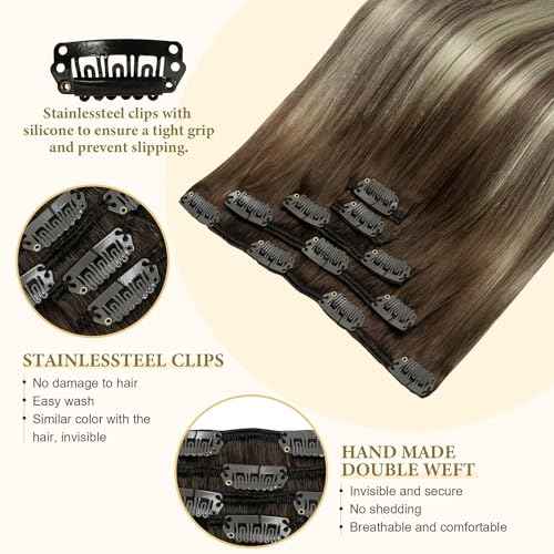 Balayage Human Hair Clip in Extensions Ombre Walnut Brown to Ash Brown Mix Light Blonde 18 Inch Straight Natural Remy Clip on Hair Extensions Invisible Double Weft Clip ins Hair for Women 60G 5 PCS