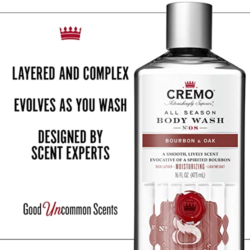 Cremo Rich-Lathering Bourbon & Oak Body Wash for Men, A Sophisticated Blend of Distillers Spice, Fine Bourbon and White Oak, 16 Fl Oz (Packaging May Vary)