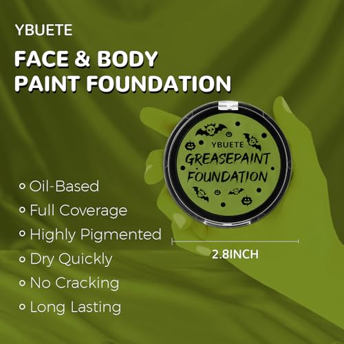 Ogre Green Foundation Oil Based Face Paint, Professional Green Greasepaint for St. Patrick's Day, Halloween Face Painting for Witch Shrek Hulk Goblin Monster for Adult Carnival & Costume Party