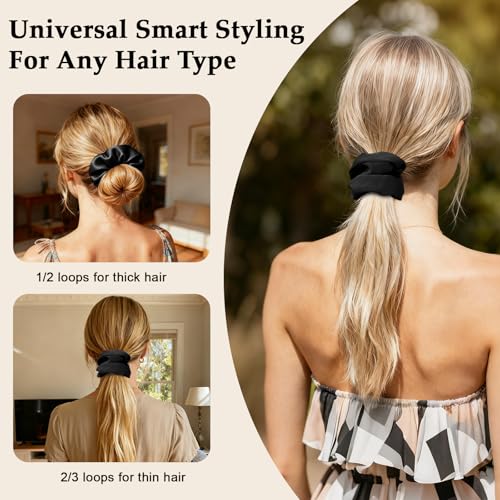 Large Black Satin Scrunchies for Women - 8PCS Frizz-Free Hair Ties