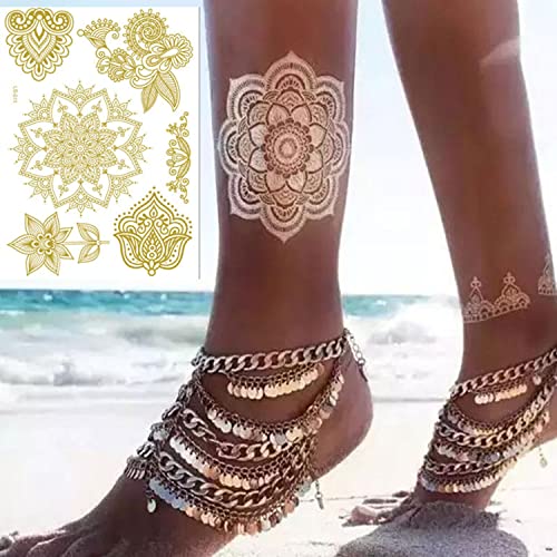 Gold Henna Temporary Tattoos 6 Sheets Waterproof Stickers