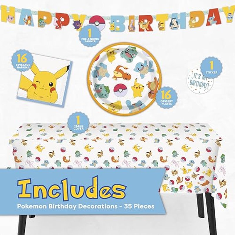 Pokemon Birthday Party Kit for 16 - Tablecloth, Plates, Napkins & Banner