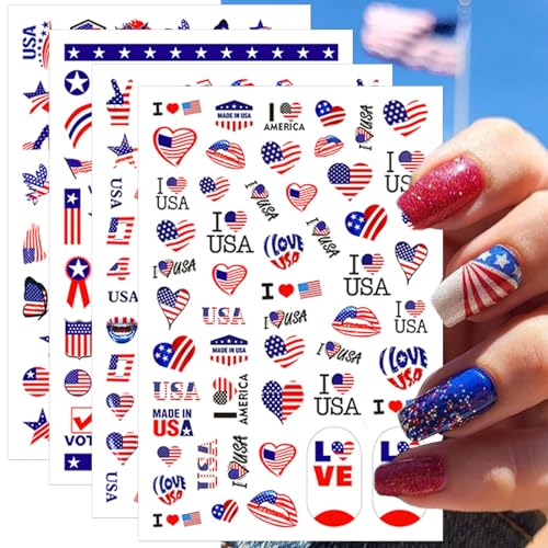 IDDFEVE 8 Sheets 4th of July Nail Stickers, Independence Day Patriotic Nail Decals, 3D Design Self-Adhesive USA Flag Star Nail Art