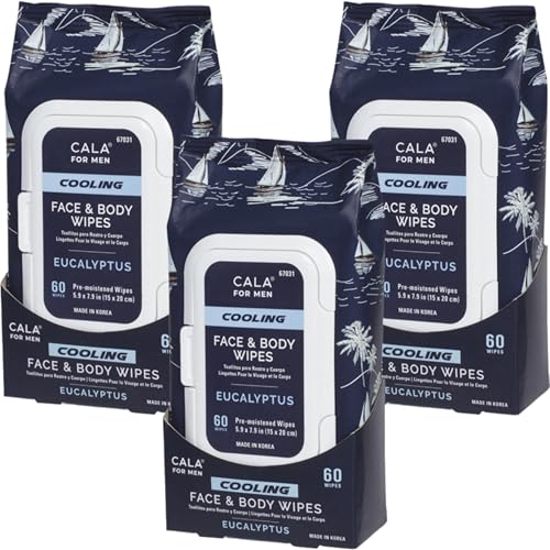 CALA Men's Cooling Face & Body Wipes: Eucalyptus (60 Sheets) - Refreshing, Hydrating Wipes for a Clean, Soothed Complexion, Ideal for Active Men (180 count, Pack of 3)