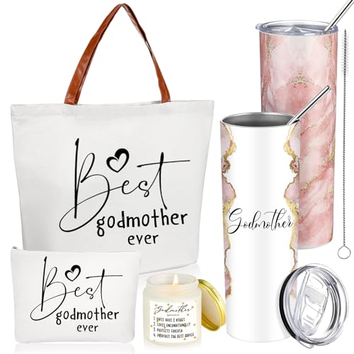 Domensi 4 Pack Godmother Proposal Gifts Set Mother Day Included 20oz Stainless Steel Tumbler Cup with Straw and Lid Best Godmother Ever Gift Tote Bag Makeup Bag Scented Candle Mom Gifts(Pink)