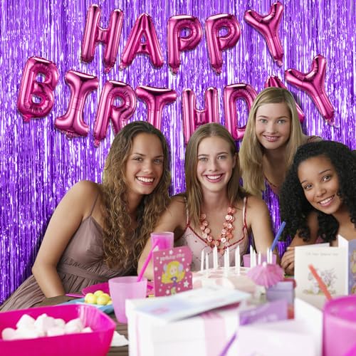 BOMSI 2 Pack Purple Foil Fringe Backdrop Curtains for Party Decorations, 39.4