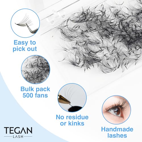 TEGAN LASH 500 Promade Fans Volume Eyelash Extensions, Handmade Loose False Eyelashes, From 3D - 16D, 0.03/0.05/0.07 Thickness, C/CC/D Curl, 9-15mm Length, Pestanas Pelo A Pelo (10D-0.05-D-12)