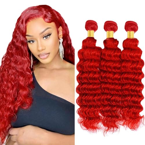 GRed-Wine Red Deep Wave Human Hair Bundles 3 Pack 12-16 Inch - Burgundy, 150g/Bundle, 8A Grade Virgin Peruvian Hair