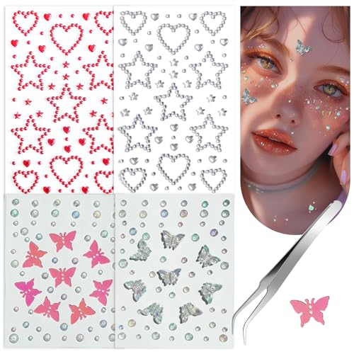 762 Pcs Multi-Color Self-Adhesive Face and Body Gem Stickers - Stars, Hearts, Butterflies,Queue Makeup, Dance Parties, Music Festivals and Craft Decorations. (Butterfly Gem, Count, 4)
