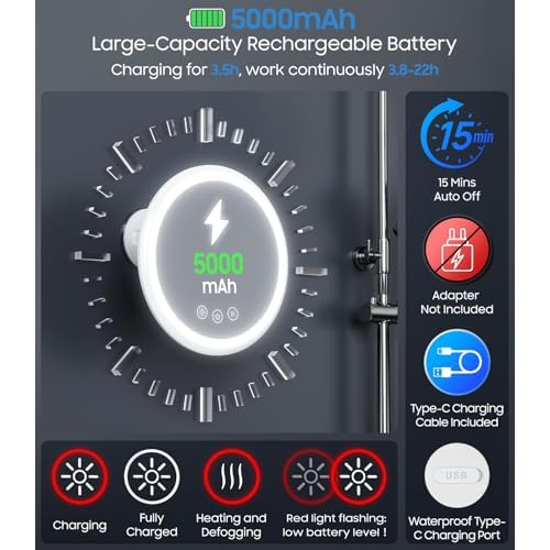 Gospire 3X Magnifying Heated Shower Mirror Fogless for Shaving, 5000mAh Battery, 360¡Æ Swivel & Magnetic Design, 8.3¡± Anti-Fog Shower Shaving Mirror with 3 Color Lights, Includes 2PCS Adhesive Hooks
