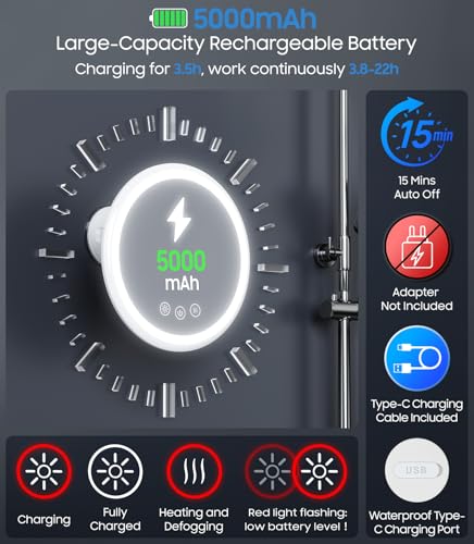 Gospire Heated Fogless Shower Mirror - 8.3" Anti-Fog with 360° Rotation & Rechargeable Battery