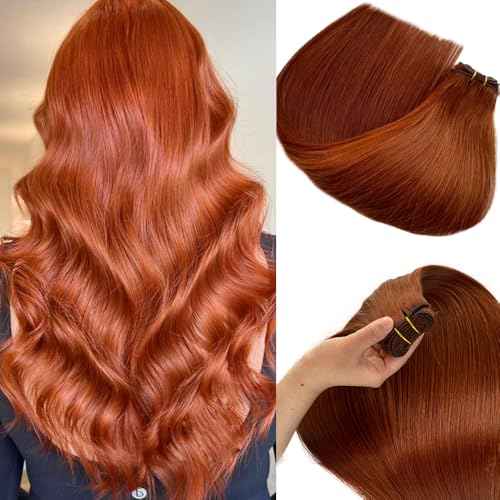 Cooper Weft Hair Extensions Human Hair Light Aubrun Brown Sew in Extension for Short Hairs Double Weft Copper Real Bundles for Women Sew in Thick Red for Adding Hairs 18 Inch 100g