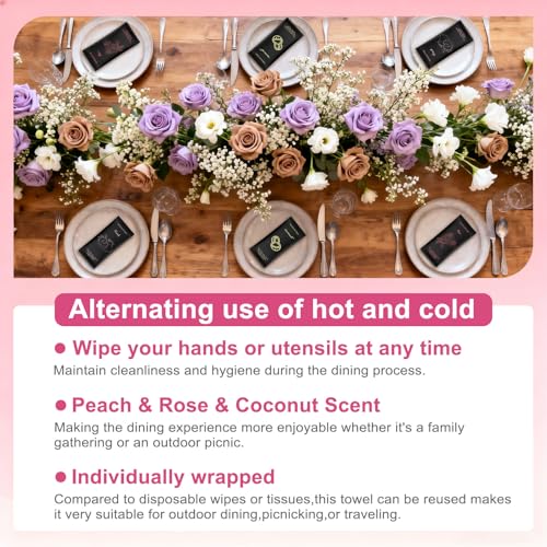 Moist Cotton Towel Bulk Moist Towelettes Individually Wrapped 8.7" x 8.7",White Towel Services,Refreshment Pre Moistened Towels Peach,Rose and Coconut for Sport Party Spa(Pack of 60)