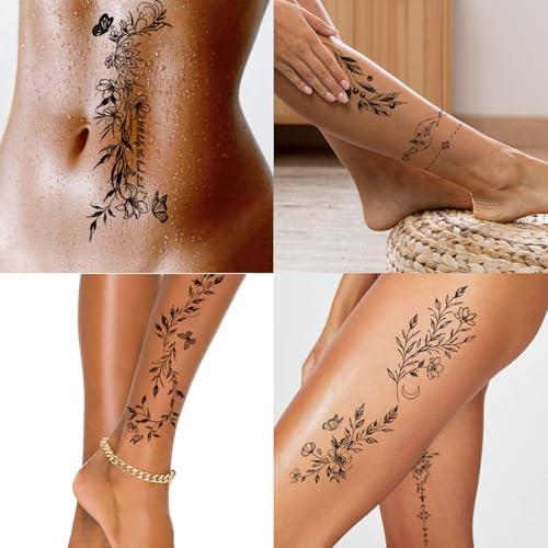24 Black Flower Temporary Tattoos for Women - Waterproof
