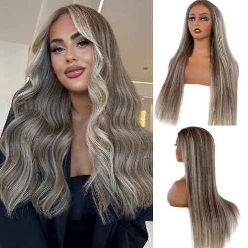13x6 HD Lace Frontal Wigs Balayage Blonde Human Hair for Women 150% Density 24 Inch Real Hair Pre Plucked LIght Bleached Tiny Knots Highlight Lace Front Wigs Wlanut Brown Mixed 613 Blonde Wigs
