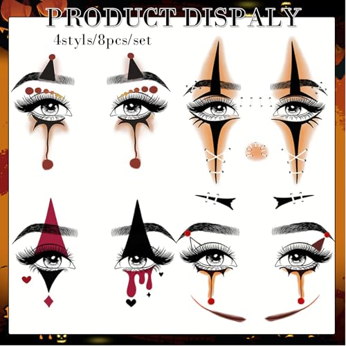 Halloween Clown Face Tattoos - 8 Sheet Temporary Stickers