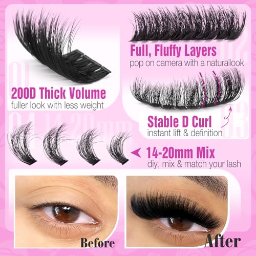 Yawamica Fluffy Lash Clusters Thick 200D Volume Eyelash Clusters 14-20mm Wispy Individual Lashes D Curly Cluster Eyelash Extensions 240pcs DIY Lash Extension for Beginners