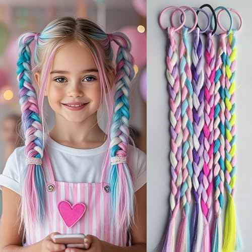 6-Pack Colorful Braided Hair Extensions for Girls ? Elastic Tie-On Synthetic Braids ? Fun and Easy Hairpieces for Kids ? Cute Ponytail Accessories for Daily Wear, Parties & Gifts