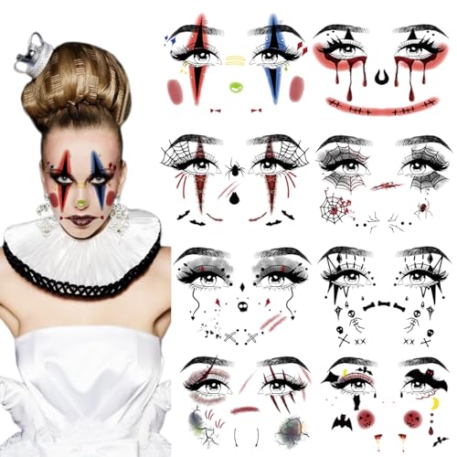 8 Pcs Horror Halloween Face Makeup Tattoos Stickers Clown Spider Web Undead Spirit Vampire Eyeshadow Temporary Sticker Scary Fake Freckles Face Tattoos for Day of Dead Carnival Party Decoration