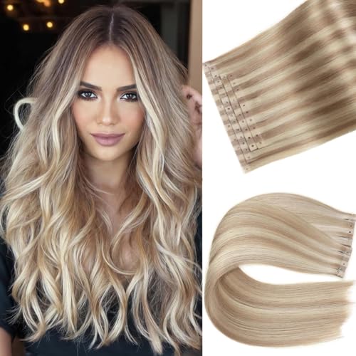 18-Inch Ash Blonde Highlight Human Hair Extensions - Glueless PU Weft