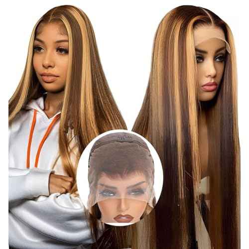 Human Hair Wig Highlight Honey Blonde 26inch 200% Density 13x4 Full Frontal HD Transparent Lace Pre Plucked Ombre Straight Lace Front Wig Human Hair Brown 4/27 Colored Lace Frontal 100 Natural Wigs