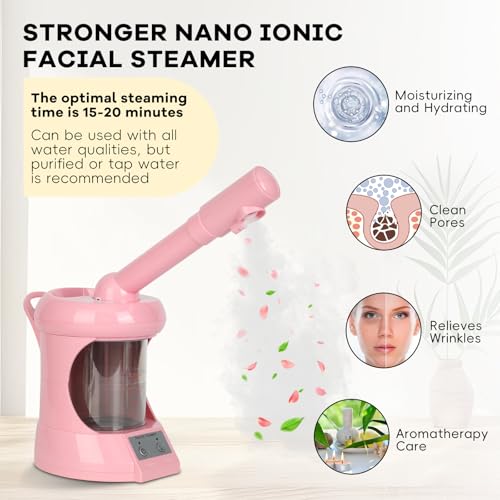 Facial Steamer Professional - Nano Ionic Face Steamer with Extendable Arm, 360¡ÆRotating Nozzle Face Steamer for Facial Deep Cleaning, Steamer for Facial for Personal Care at Home or Salon£¨Pink£©