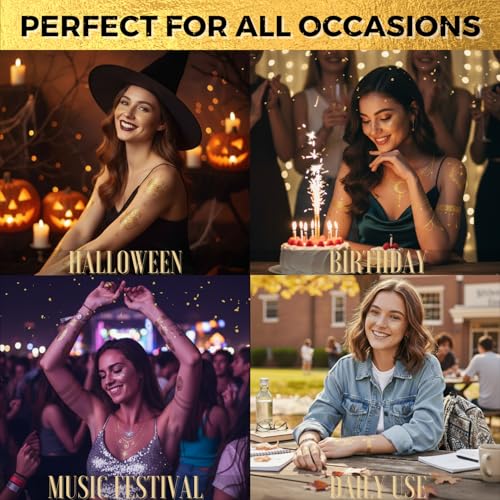 Glitter Freckles Gold Temporary Tattoos Set, Bachelorette Body Glitters & Face Stickers, 90+ Temp Tattoo for Adults Women Teens Girls, Fake Tattoos for Party Beach Festivals Cosplay Dates, 9 Sheets