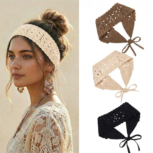 3-Piece Boho Knit Headbands for Women, Adjustable Hair Accessories Set