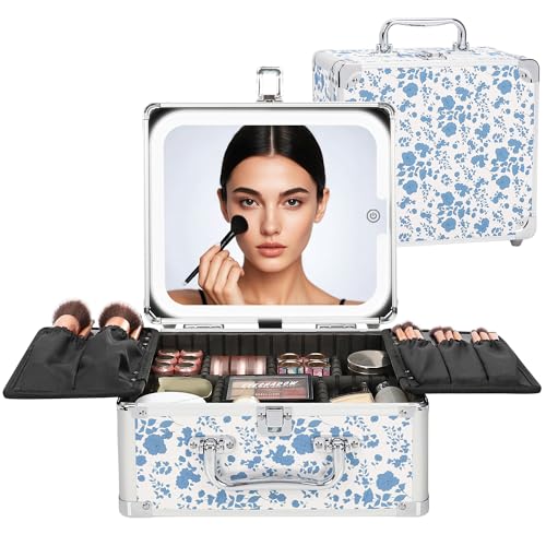 Relavel Makeup Bag with LED Mirror, Makeup Box Travel Train Case with Rechargeable Lighted Mirror, Cosmetic Brush Organizer Storage for Makeup Artists Gifts for Women and Girls, Floral Print