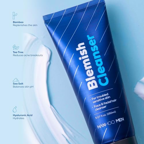 Hanhoo Men¡¯s Blemish Cleanser, 5.07 Fl. Oz., with Bamboo, Sea Salt, and Hyaluronic Acid, Daily Facial Cleanser, Clears Away Dirt and Oil, Pre-Shave Face Wash, For Acne-Prone Skin, Korean Skincare