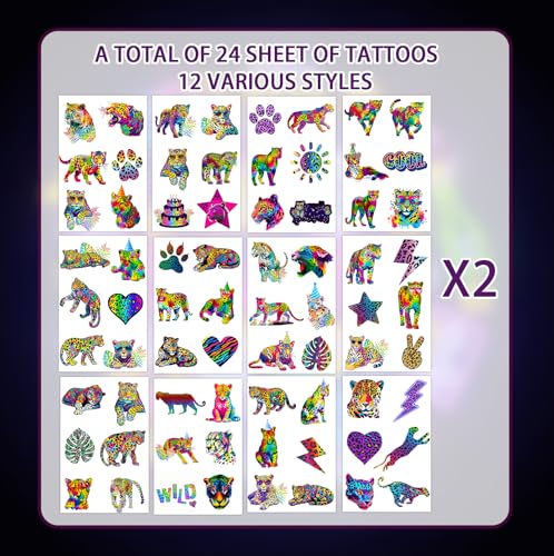 144PCS Cheetah Print Temporary Tattoos - Rainbow Leopard Stickers