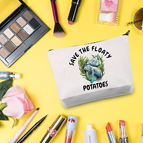 G2TUP Manatee Lover Gift Save The Floaty Potatoes Manatee Makeup Bag Manatee Mom Cosmetic Bag Ocean Animal Lover Gift Sea Cow Travel Bag with Zipper (Save The Floaty Potatoes White Bag 1.0)