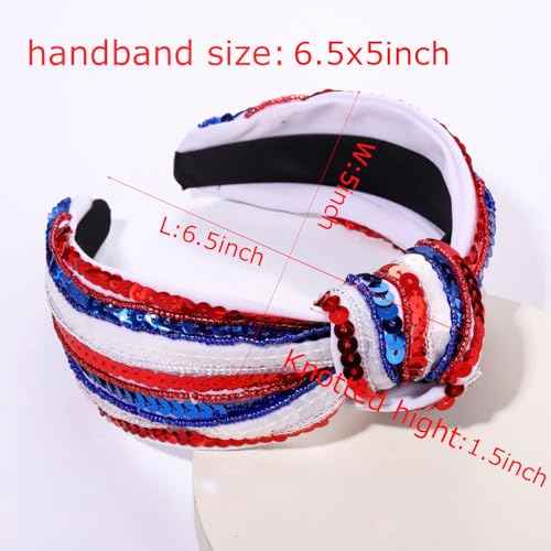 4 th of July Headband for Women Girls Fourth of July Knotted Headband Red White and Blue Sequin Beaded Patriotic Hairband American Flag USA Independence Day Head Band Hair Accessories Gifts