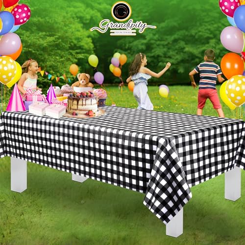 Grandipity Black Checkered Gingham 12 Pack Premium Disposable Plastic Tablecloth 54 Inch. x 108 Inch. Decorative Rectangle Checkered Racing Flag Table Cover