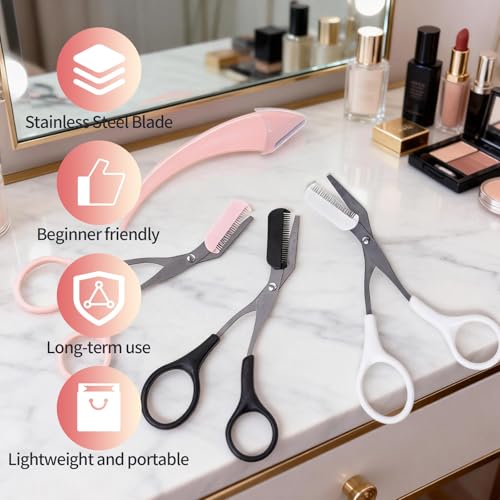 5-Pack Eyebrow Scissors with Comb - Stainless Steel Trimmer & Razor Set for Women & Men