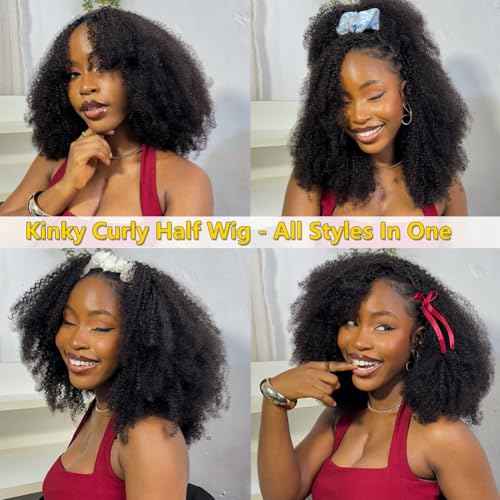 Kinky Curly Half Wig Human Hair 200 Density 3 In 1 Drawstring Seamless Flip Half Wigs Wear Go Glueless Wigs Human Hair 18 Inch Curly Half Wig for Women Drawstring Headband Wig Beginner Friendly