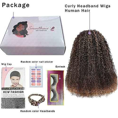 Smoothair Ombre Highlight Headband Wig Human Hair 4/27 Kinky Curly Headband Wig for Black Women 18 Inch None Lace Front Wigs Glueless Wear and Go 150% Density