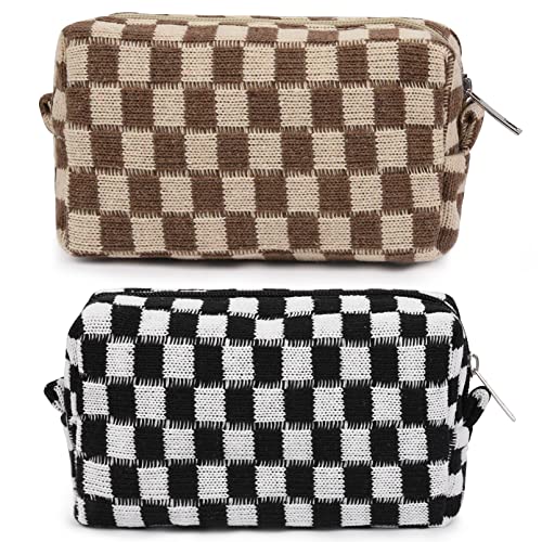2 Pack Makeup Bag Organizer, Black Brown Checkered Cosmetic Pouch