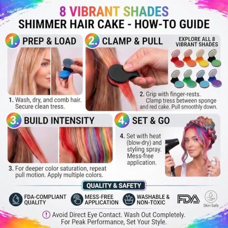 8 Color Shimmer Hair Chalk, Washable Temporary Hair Dye
