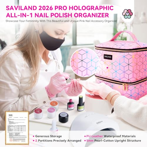 SAVILAND Pink PU Leather Nail Polish Organizer Bag for Nail Tech - A-Pink
