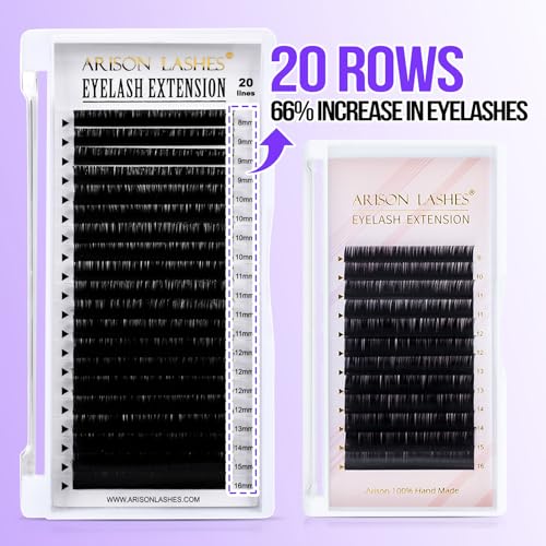 Arison Lashes Cashmere Classic Lash Extensions Soft Lashes 20 Rows Mixed Tray D 8-16mm Curl 0.07 Thick Volume Pesta?as Pelo a Pelo