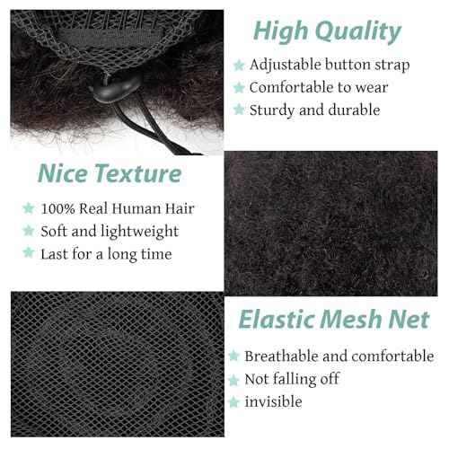 Afro Puff Clip On Human hair Drawstring Ponytail for Black Women,Ponytail Extension 8 Inch #1B Natural Black 60g Short Afro Kinkys Curly Afro Bun Extension Hairpiece