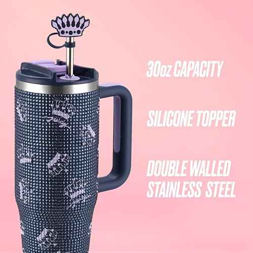 Juicy Couture Jetsetter 30oz Rhinestone Tumbler with Handle and Straw Topper, Navy Blue Crowns
