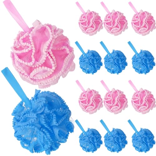 Duraaamo 12 Pcs Bath Loofah Sponge, Baby Shower Exfoliating Body Scrubber 50g Bath Shower Loofah Sponge Pouf Puff Mesh Pouf Balls Soft Quick-Dry Cleanse Skin Accessories for Women Men