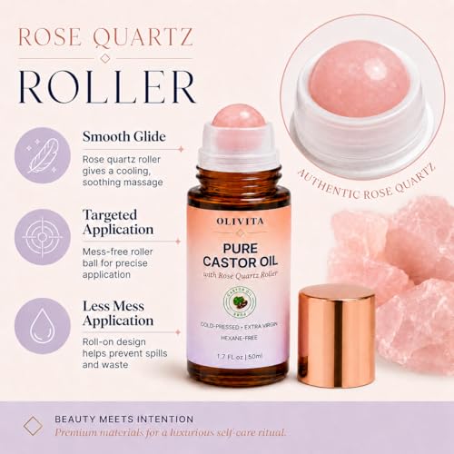 OLIVITA Organic Castor Oil with Rose Quartz Roller for Face & Brows