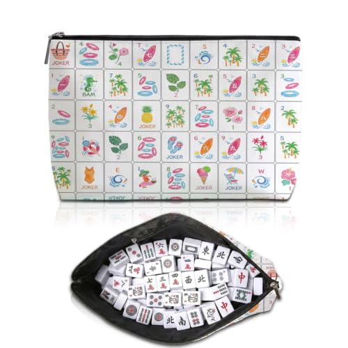 Blue Leaves Mahjong Tile Bag – Thick Canvas Organizer with Zipper