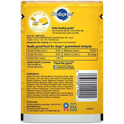 PEDIGREE CHOPPED GROUND DINNER Adult Soft Wet Dog Food, Bacon and Filet Mignon Flavor, 3.5 oz Pouches, 16 Pack