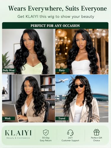 KLAIYI 16 Inch 13x4 Lace Front Wigs with Side Bangs Human Hair Loose Body Wave Glueless Pre-Styled
