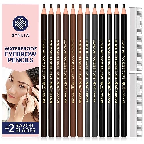 Stylia Waterproof Eyebrow Pencils For Women ? Long-Lasting Microblading Supplies Brow Pencil, Perfect for Eyebrow Shaper, Filling & Defining Natural-Looking Brow - (12PC in 5 Colors)