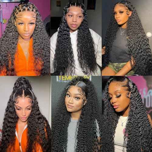13x6 Deep Wave Wigs Human Hair Deep Wave Lace Front Wigs Human Hair 200% Density HD Lace Frontal Wigs for Balck Women Pre Plucked Glueless Deep Curly Wig Natural Black (32 Inch)